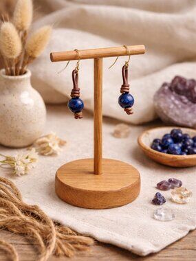Lapis Lazuli Gemstones on Hand Knotted Soft Brown Leather Cord Earrings